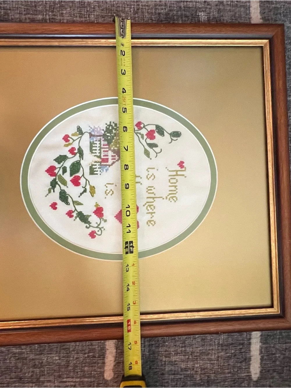 Framed Vintage Cross Stitched Home is Where the Heart Is Wall Art - Gold Brown